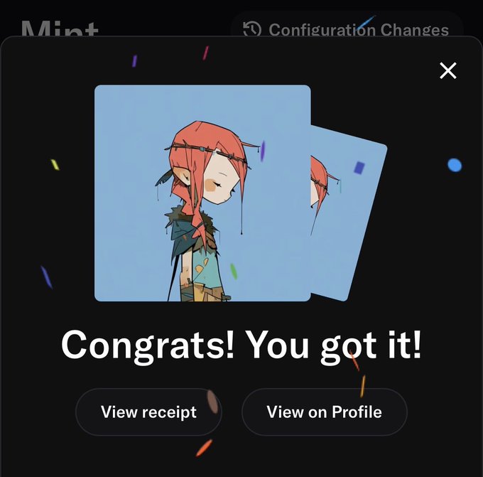 A screenshot of a digital art mint confirmation pop-up on a dark interface, displaying the message 'Congrats! You got it!' alongside an illustration of a girl with red hair, with buttons for 'View receipt' and 'View on Profile'.