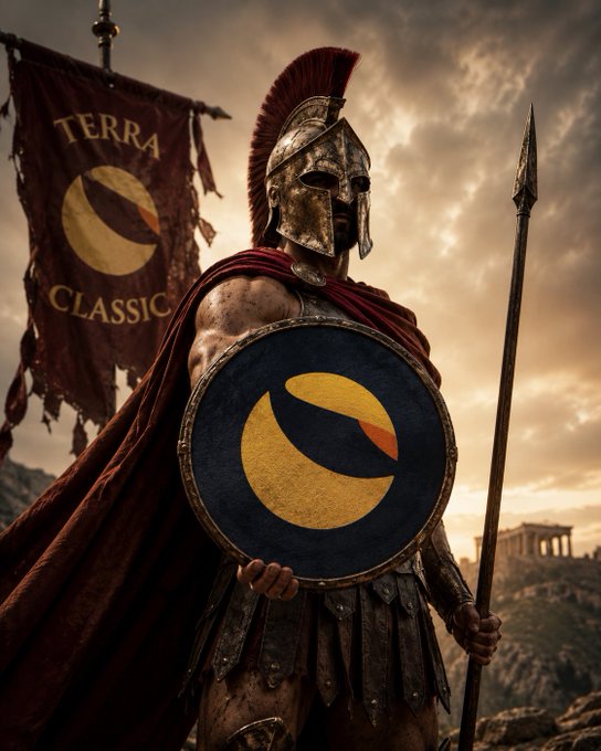 A fierce ancient warrior in battle-worn armor stands ready with spear and shield, emblazoned with a circular golden logo on a deep blue field, while a tattered red banner behind him reads "TERRA CLASSIC"—visually embodying the post's rallying cry of one unified symbol, mission, and community for $LUNC.
