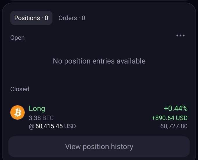 A trading dashboard shows no open positions and one closed Bitcoin long trade of 3.38 BTC entered at $60,415.45, exiting at $60,727.80 for a +0.44% gain ($890.64 USD). This aligns with the post's claim of a small Saturday evening BTC scalp made possible through Breakout Prop, where a larger funded account allowed for a meaningful profit on a modest percentage move.