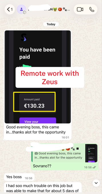 A WhatsApp conversation screenshot showing a user sharing a "Remote work with Zeus" payment screenshot of €130.23, celebrating their first cashout from Sovrano AI platform with messages like "Good evening boss" and "Yes boss" visible in the chat.