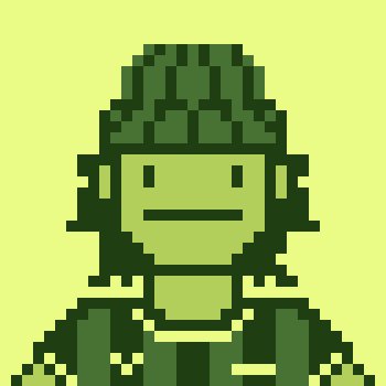 A pixel art portrait of a green robot-like figure wearing a helmet and vest on a light olive green background.