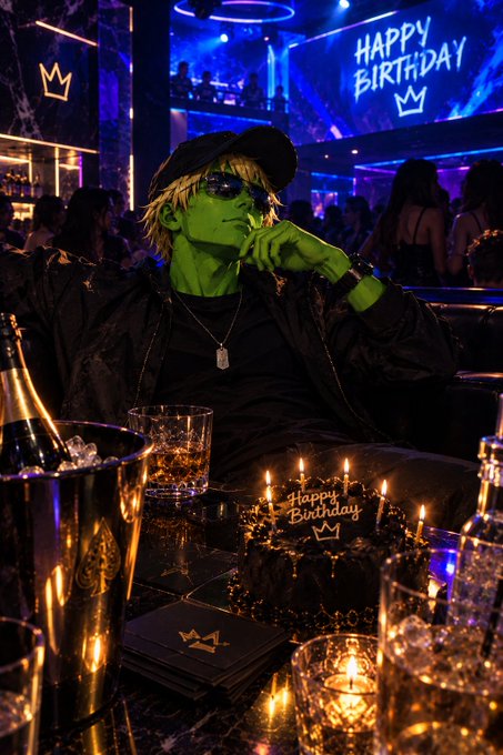 A person with green skin, blonde hair, sunglasses, and a black cap poses at a nightclub with a 'HAPPY BIRTHDAY' neon sign and a birthday cake with lit candles on the table.