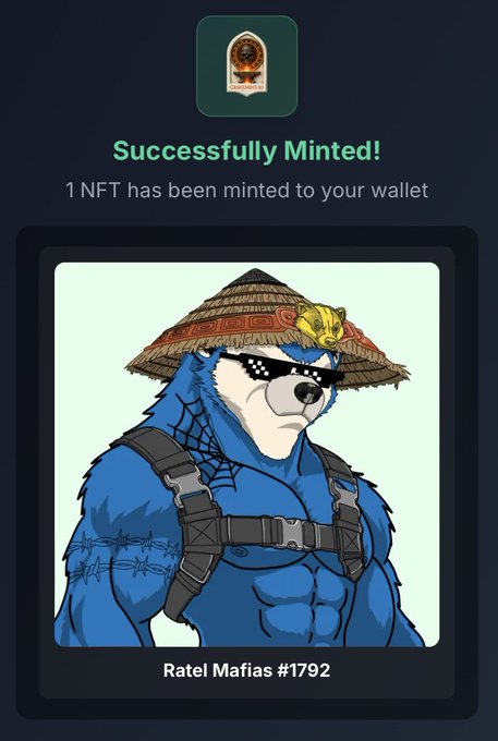 A digital interface displays a 'Successfully Minted!' notification for '1 NFT', featuring an illustration of a blue bear wearing a conical hat, labeled 'Ratel Mafias #1792'.