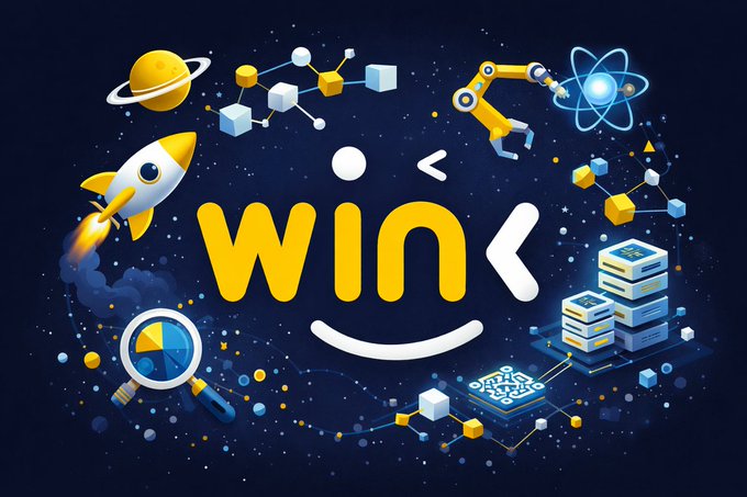 The image features the stylized "WINK" logo with a winking face design, surrounded by vibrant tech-themed illustrations including a rocket, planet, atom, robotic arm, blockchain cubes, and data servers—visually reinforcing the post's message about WINkLink's role as a decentralized oracle network powering TRON-based DeFi with reliable off-chain data connections.
