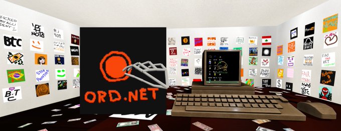 A 3D-rendered room scene featuring an old computer on a desk scattered with dollar bills, with a black poster displaying the orange 'ORD.NET' logo and pixel-art stickers covering the walls.