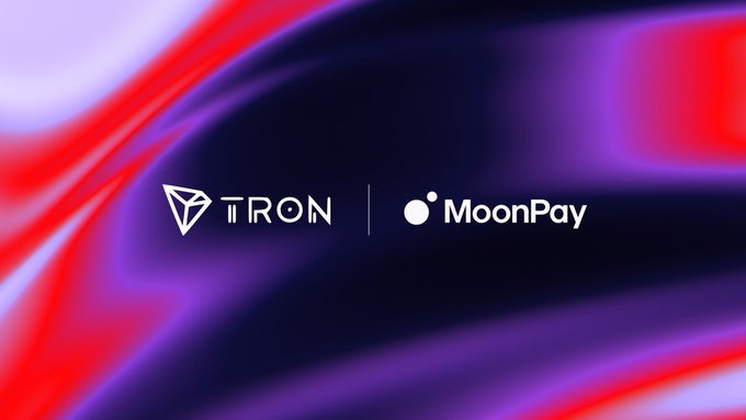 The image features the TRON and MoonPay logos displayed side by side against a flowing, gradient background of red, purple, and dark tones. This visual pairs the two brand identities to highlight their partnership, aligning with the announcement that MoonPay and TRON are collaborating to enable gasless transactions on the TRON network, eliminating the need to hold $TRX for transfers.