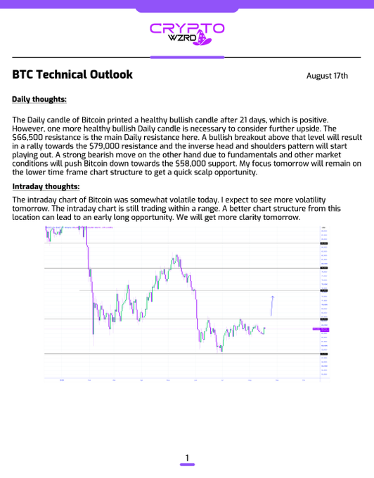 A Crypto Wzrd 'BTC Technical Outlook' dated August 17th, featuring daily and intraday thoughts on Bitcoin's bullish candle after 21 days, mentioning resistance levels at $66,500 and $79,000, and support at $58,000, accompanied by an intraday price chart.