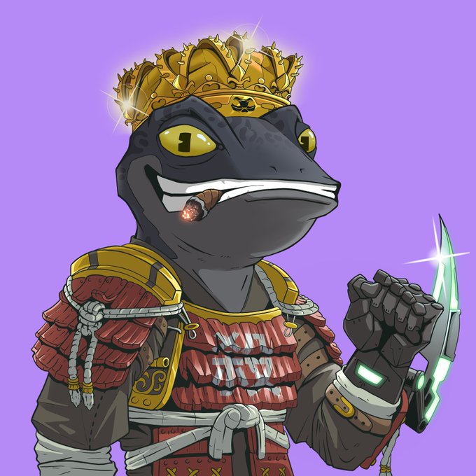 A digital illustration of an anthropomorphic dark gray lizard or salamander wearing an ornate golden crown and samurai-style red and gold armor, holding a glowing green crystalline sword against a purple background.