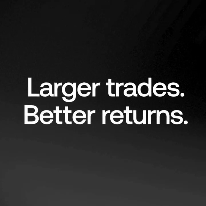 A dark gradient background displays the white text "Larger trades. Better returns." The bold headline reinforces the post's message about how DEX Aggregator+ leverages competitive market maker auctions to deliver superior execution and improved pricing on larger swaps, while protecting against MEV and front-running.