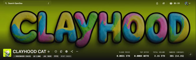 An OpenSea NFT listing displaying colorful clay-style 'CLAYHOOD' lettering with the collection name 'CLAYHOOD CAT' and metrics showing floor price 0.0631 ETH, top offer 0.0004 ETH, and 281 owners.