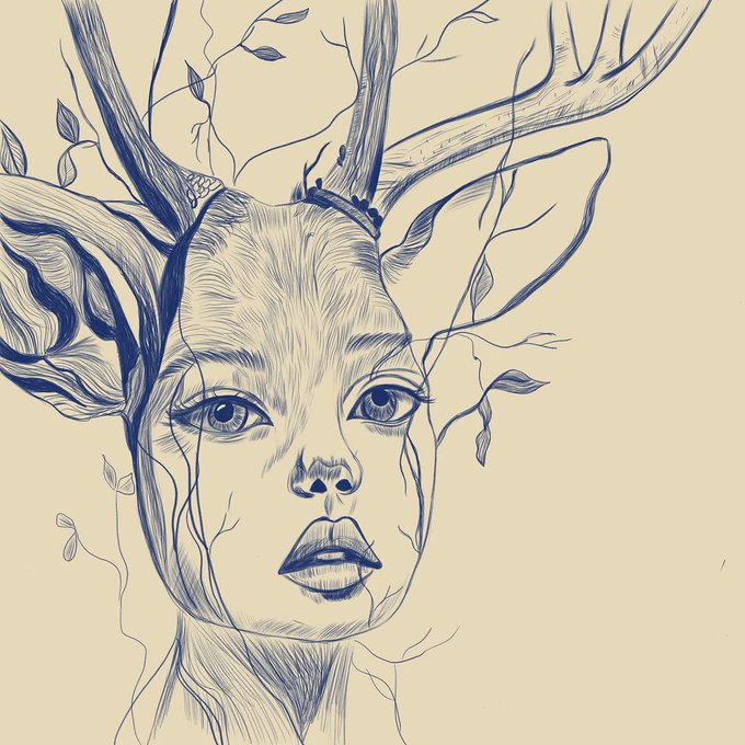 A digital line drawing rendered in deep blue ink on a cream background depicts a surreal portrait: a serene human face seamlessly merging with a deer's head, featuring large pointed ears, branching antlers, and delicate leafy vines flowing through the composition, embodying the post's message that "we are all children of nature" and "one" with the natural world.