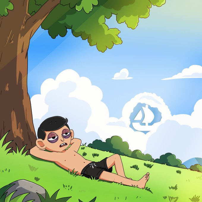 A cartoon-style image shows a shirtless character lounging under a tree on a grassy hill, looking exhausted with bags under his eyes, while a "4" floats in the clouds behind him — reflecting the post's lazy, hoodie-wearing NFT mint announcement vibe for "Lazy Hood."