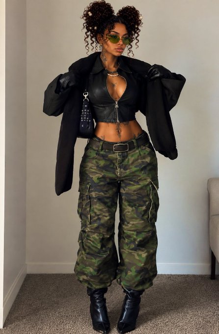 A woman poses in a black leather crop top, oversized black jacket, green camouflage cargo pants, and black boots, accessorized with green sunglasses and a black shoulder bag.