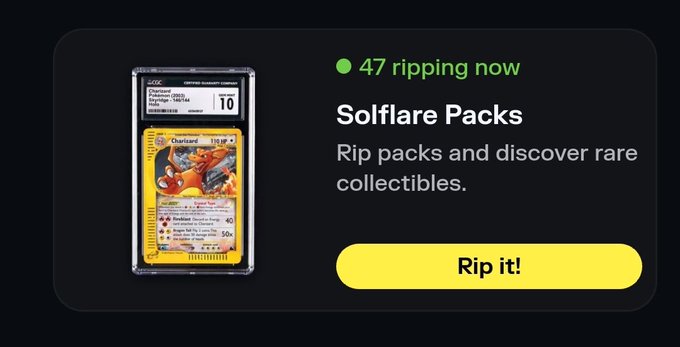 A promotional advertisement for "Solflare Packs" with text "47 ripping now" and "Rip packs and discover rare collectibles," featuring a graded Charizard Pokémon card and a yellow "Rip it!" button.