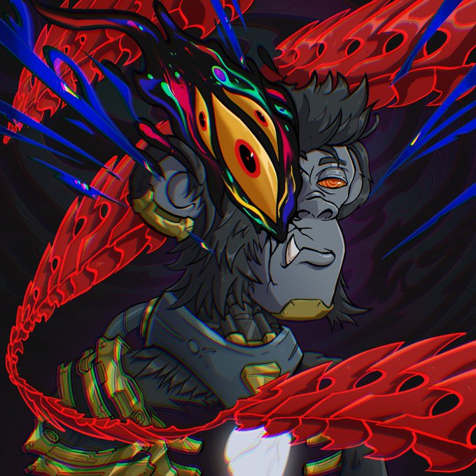 A digital illustration of a character with dark fur, red eyes, and a colorful, mask-like headpiece surrounded by glowing red and blue energy elements.