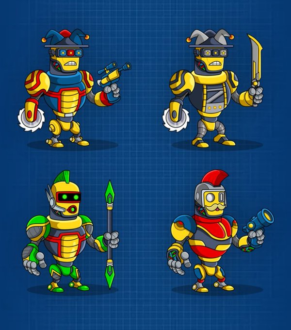 Four cartoon robot warriors in different colored armor (blue, yellow, green, and red/blue) each holding various weapons like swords, guns, and a staff, displayed on a blueprint background.