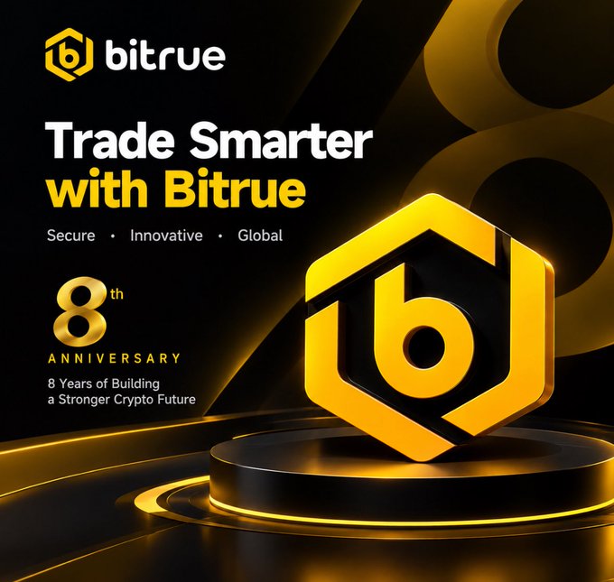 A promotional graphic for Bitrue's 8th anniversary features a golden hexagonal logo and the tagline "Trade Smarter with Bitrue" alongside the descriptors "Secure • Innovative • Global" and "8 Years of Building a Stronger Crypto Future."