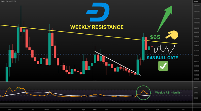 A weekly candlestick chart for $DASH/USD displays a "Weekly Resistance" trendline at $65, with the price currently trading between a "$48 BULL GATE" support level and the descending resistance, while a "Weekly RSI = bullish" indicator at the bottom shows a circled upward crossover, aligning with the post's analysis of a potential breakout setup.
