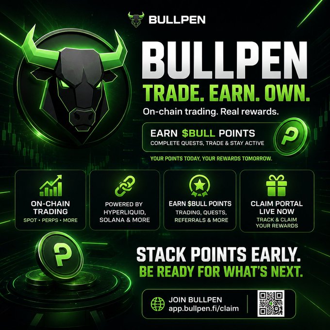 A promotional graphic for 'BULLPEN' with a green and black color scheme, advertising on-chain trading, earning $BULL points, and featuring a QR code linking to app.bullpen.fi/claim.