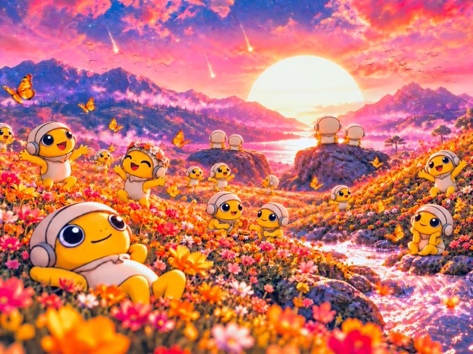 A vibrant digital artwork depicts numerous cute yellow creatures with headphones and white caps relaxing and playing in a field of colorful flowers, with a sunset and mountains in the background.