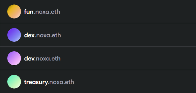 A list of noxa.eth subdomains including fun.noxa.eth, dex.noxa.eth, dev.noxa.eth, and treasury.noxa.eth, each with a distinct colored icon.