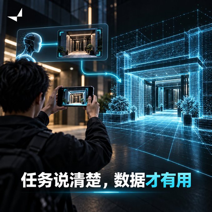 Digital illustration of a person holding a smartphone to capture a 3D holographic building, with Chinese text '任务说清楚，数据才有用' (Make the task clear, the data will be useful).