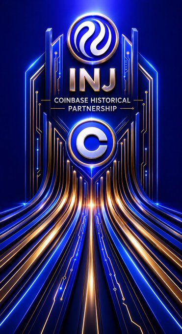The image features a large blue and gold coinage design with the words "coinbase historical partnership" written above it. The background of the image is black, which contrasts with the vibrant colors of the coinage. Below the coinage, there's text that reads "The largest US exchange now supports native $INJ (INJ native) Coinbase is making a historic move with @injective Starting July 20, the US giant exchange will directly support the native version, without bridges or complications".