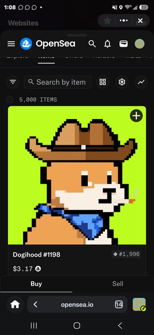 A mobile screenshot of OpenSea showing an NFT pixel art of a Shiba Inu dog wearing a cowboy hat and blue bandana titled 'Dogihood #1198' priced at $3.17.