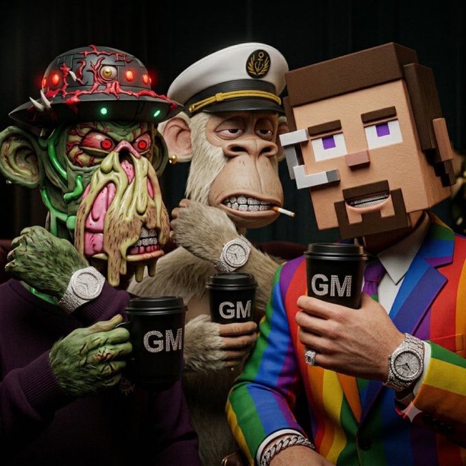 Three stylized monkey characters—a green grotesque monkey in a red helmet, a captain-hat-wearing monkey smoking a cigarette, and a Minecraft block-headed monkey—each hold black coffee cups branded with "GM."