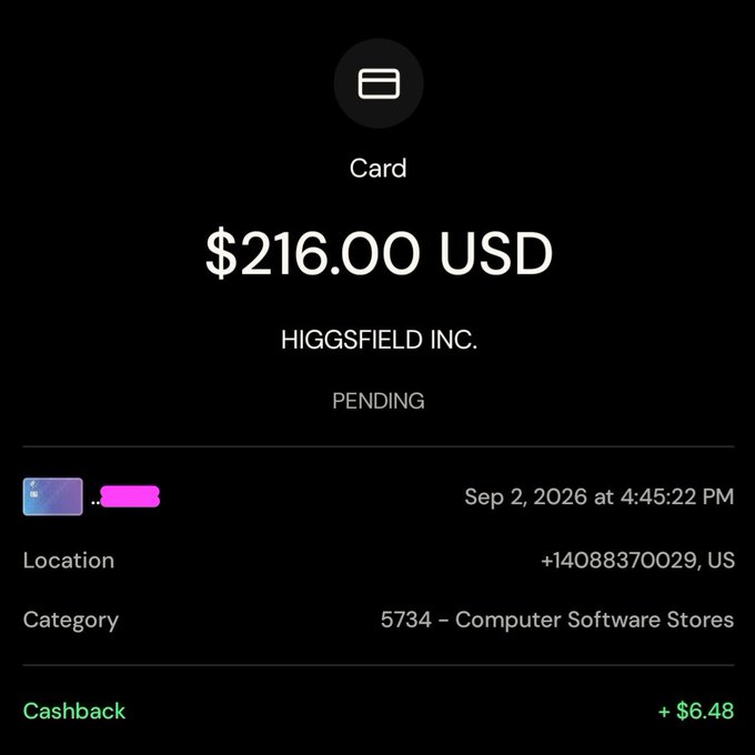A dark-themed transaction screen shows a pending $216.00 USD charge from HIGGSFIELD INC. dated Sep 2, 2026, categorized under 'Computer Software Stores' with a +$6.48 cashback.