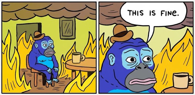 The 'This Is Fine' meme showing a cartoon gorilla in a cowboy hat sitting in a burning room, calmly drinking coffee.