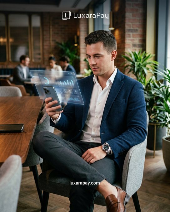 A promotional image for LuxaraPay showing a man in a blue blazer using a smartphone with a holographic chart display, featuring the text 'LuxaraPay' and 'luxarapay.com'.