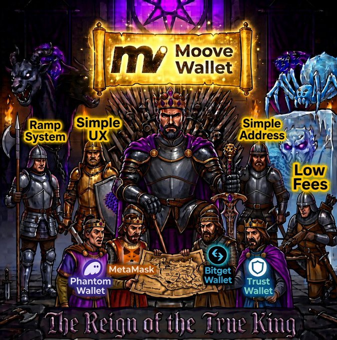 A fantasy-themed promotional graphic for 'Moove Wallet' features a king on a throne surrounded by warriors and mythical creatures, highlighting features like 'Ramp System,' 'Simple UX,' 'Simple Address,' and 'Low Fees,' while positioning itself against competitors Phantom Wallet, MetaMask, Bitget Wallet, and Trust Wallet with the tagline 'The Reign of the True King.'