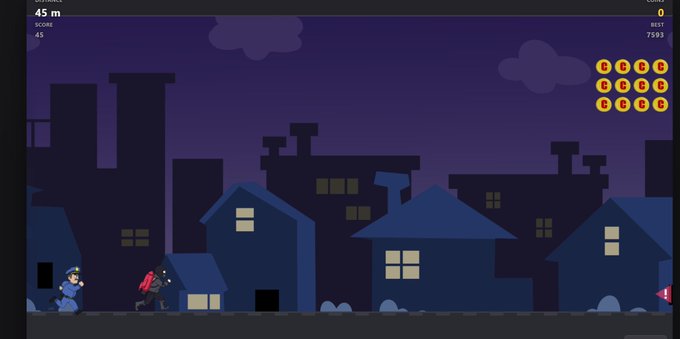 Screenshot of a 2D side-scrolling pixel-art game at night, showing a police officer chasing a masked robber through a neighborhood, with a score of 7593 and coin pickups in the top right.