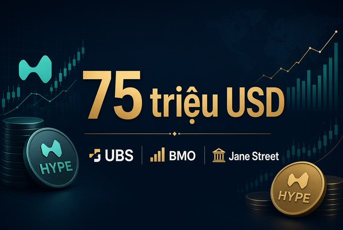 A promotional graphic displaying '75 triệu USD' (75 million USD) with logos for HYPE token, UBS, BMO, and Jane Street, set against a dark background with trading charts.