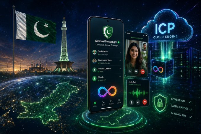 The image is a promotional graphic showcasing a partnership between Dfinity and Pakistan, featuring a smartphone displaying the "National Messenger" app with features like "Family Group," "Government Team," "Province Channel," and "Friends," alongside an "ICP Cloud Engine" graphic and the Pakistani flag and landmarks (Minar-e-Pakistan) set against a glowing map of Pakistan. Text elements emphasize "SOVEREIGN," "TAMPERPROOF," and "ALWAYS-ON," visually representing the secure, government-backed cloud infrastructure and national chat app mentioned in the accompanying post about Dfinity's role in building Pakistan's digital ecosystem.