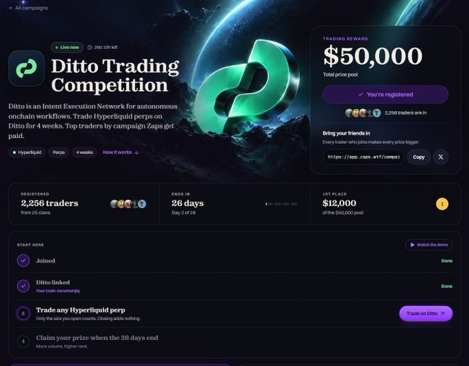A promotional webpage for the "Ditto Trading Competition" on the Hyperliquid platform, showing a total prize pool of $50,000, 2,256 registered traders, and a 26-day countdown.