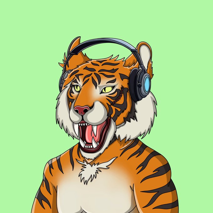 A cartoon-style anthropomorphic tiger with orange and black stripes wearing black and blue gaming headphones on a light green background.