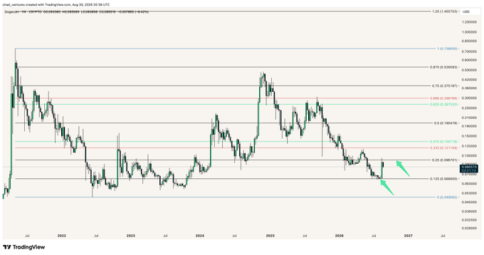 A weekly Dogecoin (DOGEUSDT) candlestick chart on TradingView spanning 2021-2027 shows price action testing the 0.25 Gann level at $0.09620 (highlighted with a green arrow), while the 0.125 Gann level at $0.08095 marks the recent bottom, with price trading near $0.108 per the USD marker on the right.