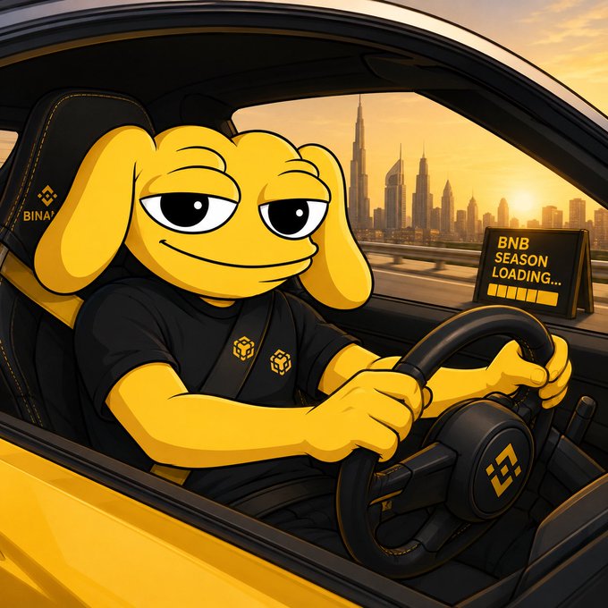 Cartoon illustration of a yellow dog mascot wearing a BNB-themed black shirt, driving a yellow car with a dashboard display reading 'BNB SEASON LOADING...', set against a Dubai skyline at sunset.