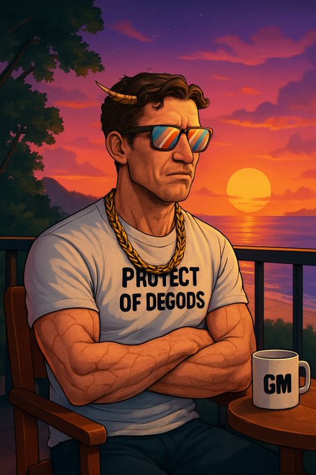 Digital illustration of a muscular man wearing sunglasses and a gold chain, sitting with arms crossed in a t-shirt reading 'PROTECT OF DEGODS', with a 'GM' coffee mug on a table beside him at sunset.