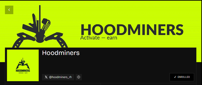 A bright green advertisement banner displays 'HOOMINERS - Activate - earn' with an enrolled status badge and the handle '@hoodminers_rh'.