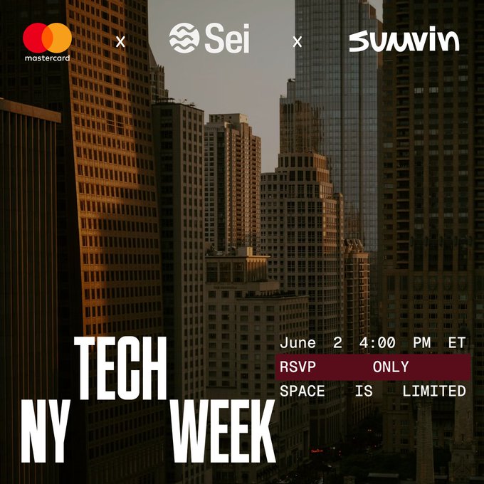 The image features a city skyline with tall buildings, including one that has an orange logo for Mastercard. The text "Tech Week" is written above the cityscape, indicating the event taking place. Below the city skyline, there are two posts related to the Tech Week event. One post is about the upcoming Saturday at 4:00 PM and another post announces that the space is limited and can only be accessed by those who RSVP.
