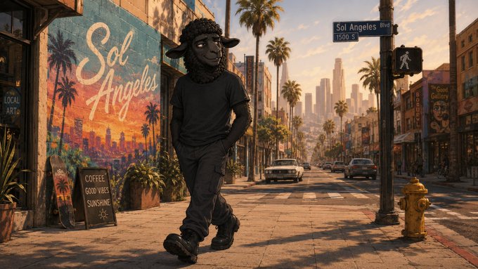 An anthropomorphic black sheep wearing a black t-shirt and pants walks along a city street with a 'Sol Angeles Blvd 1500 S' sign, a yellow fire hydrant, and a 'Sol Angeles' mural visible.