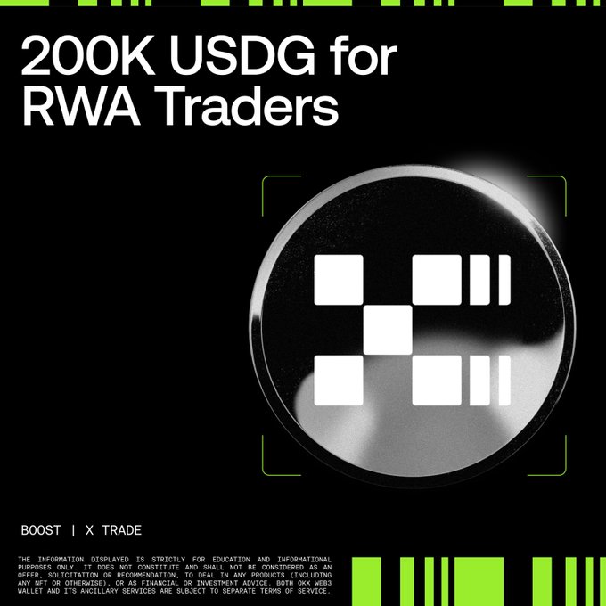 A promotional graphic with a black background features the bold white headline "200K USDG for RWA Traders" alongside a circular metallic logo displaying a stylized grid pattern, with "BOOST | X TRADE" text and a disclaimer below. The visual reinforces the post's announcement of a 200K USDG rewards campaign for trading RWA (Real World Asset) tokenized stocks like NVDAx, TSLAx, METAx, SPCXx, and AVGO on X Layer.