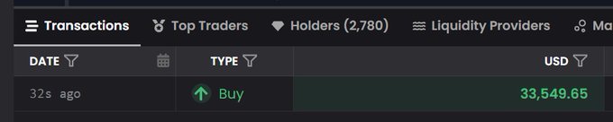 A transactions dashboard showing a 'Buy' transaction 32 seconds ago for $33,549.65 USD, with tabs for Top Traders, Holders (2,780), and Liquidity Providers.