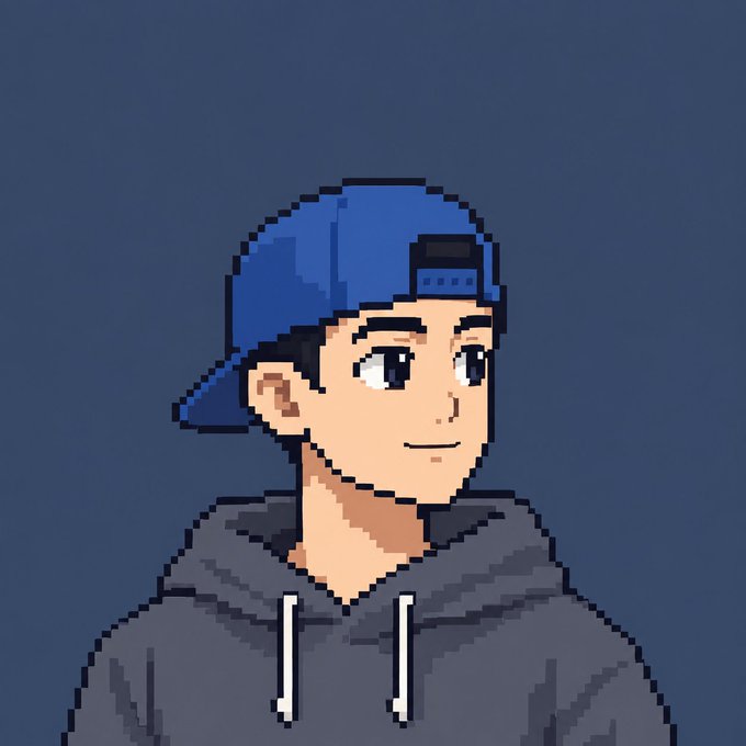 A pixel art portrait of a young man wearing a blue baseball cap backwards and a gray hoodie against a dark blue background.
