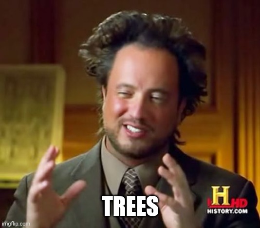 Meme from History Channel's 'Ancient Aliens' featuring Giorgio Tsoukalos with the caption 'TREES', humorously attributing the existence of trees to aliens.