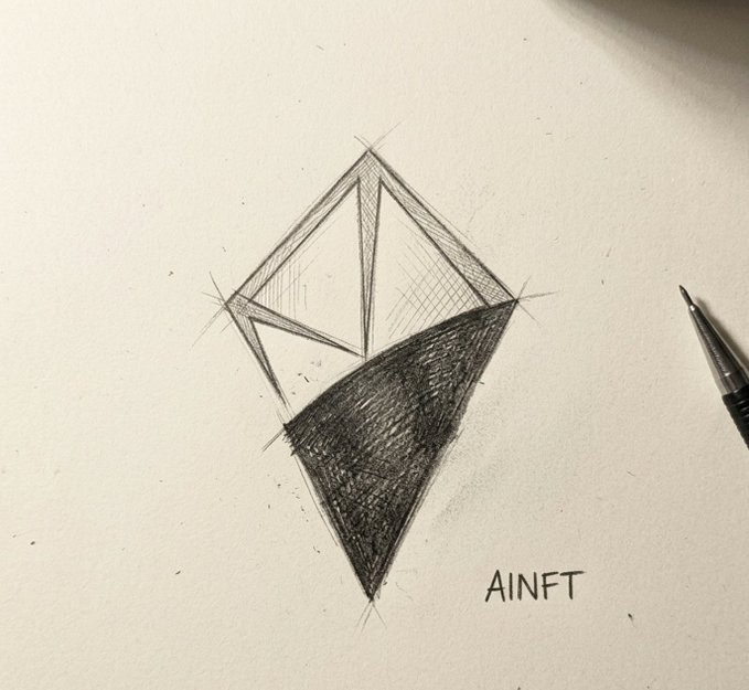 A hand-drawn pencil sketch of a diamond-shaped kite or geometric figure, shaded with crosshatching, signed "AINFT" in the bottom right corner. The simple, DIY-style drawing visually reinforces the post's message about AI lowering barriers to digital creativity—showing how art and creation can begin with just a pen and an idea, even without specialized tools or training.