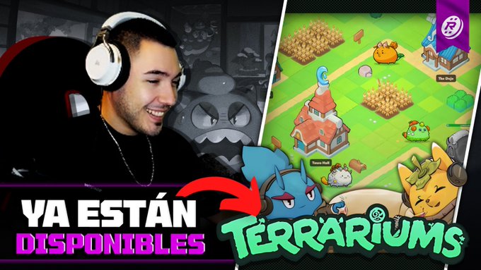 The image features a man wearing headphones, smiling while playing a video game with a cartoon character on his screen. The man appears to be in a room filled with cartoon characters as well. In front of him, there are two signs that say "Ya estan disponibles" and "los terrariuMS YA LLEGARON TE CUENTO TENDENES QUE SABER!", which translates to "You can play these games". The man is sitting in a chair with his headphones on, indicating he is focused on the game.